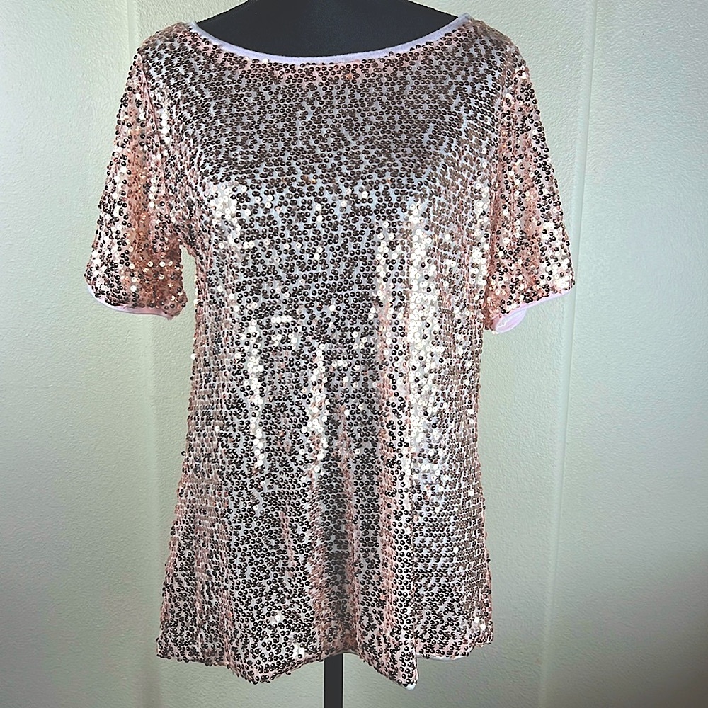 Rose Gold Sequin Short Sleeve Top | Size XL